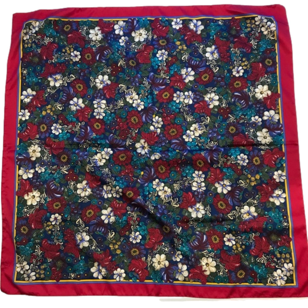Polyester scarf red, blue and white flowers border red blue & gold 30.5”x 31.5”